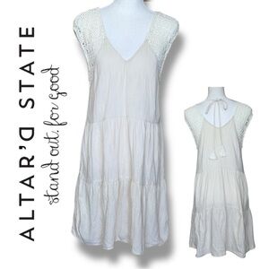 Altar'd State Boho Cream Cotton Tiered Mini Dress Tassel Tie Back Sz M